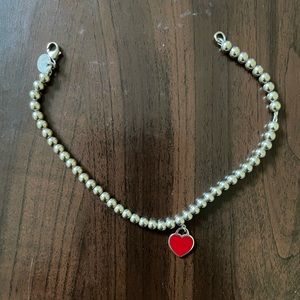 Authentic Tiffany & co red heart tag beaded bracelet. 7.5inc